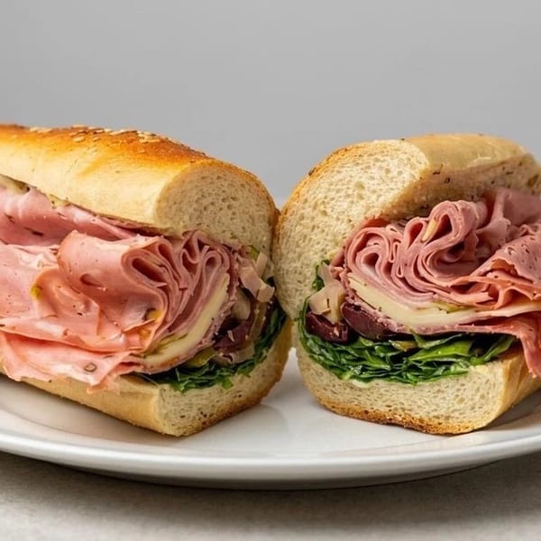 Two halves of a large deli sandwich filled with meat, cheese, lettuce, and olives.